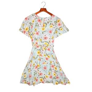 Calvin Klein Floral Dress Women's Size 4 V-Neck Tie Waist Light Blue Multicolor